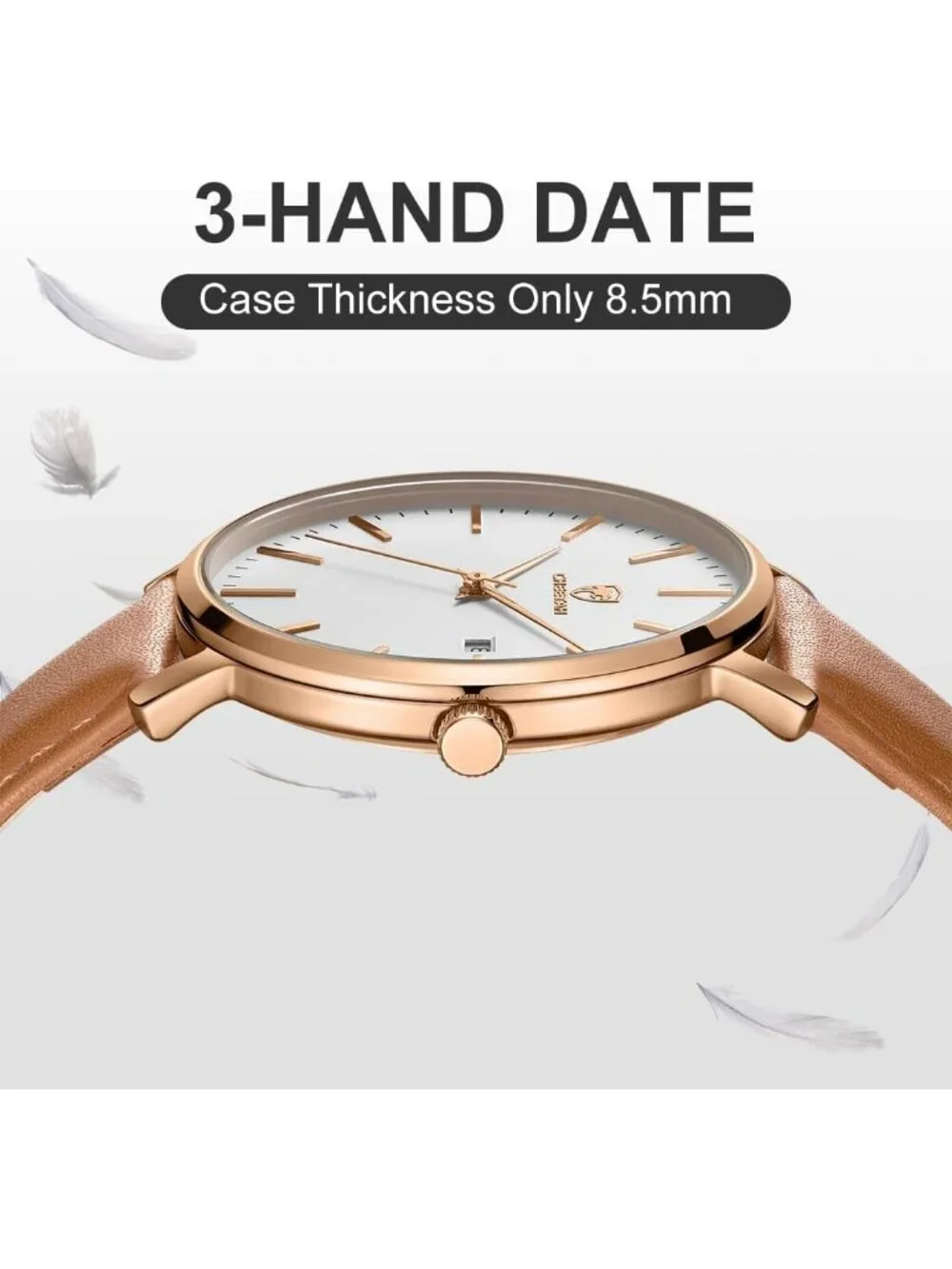 Men's Brown /Gold/White Leather Strap Minimalist Waterproof Quartz Wrist Watch